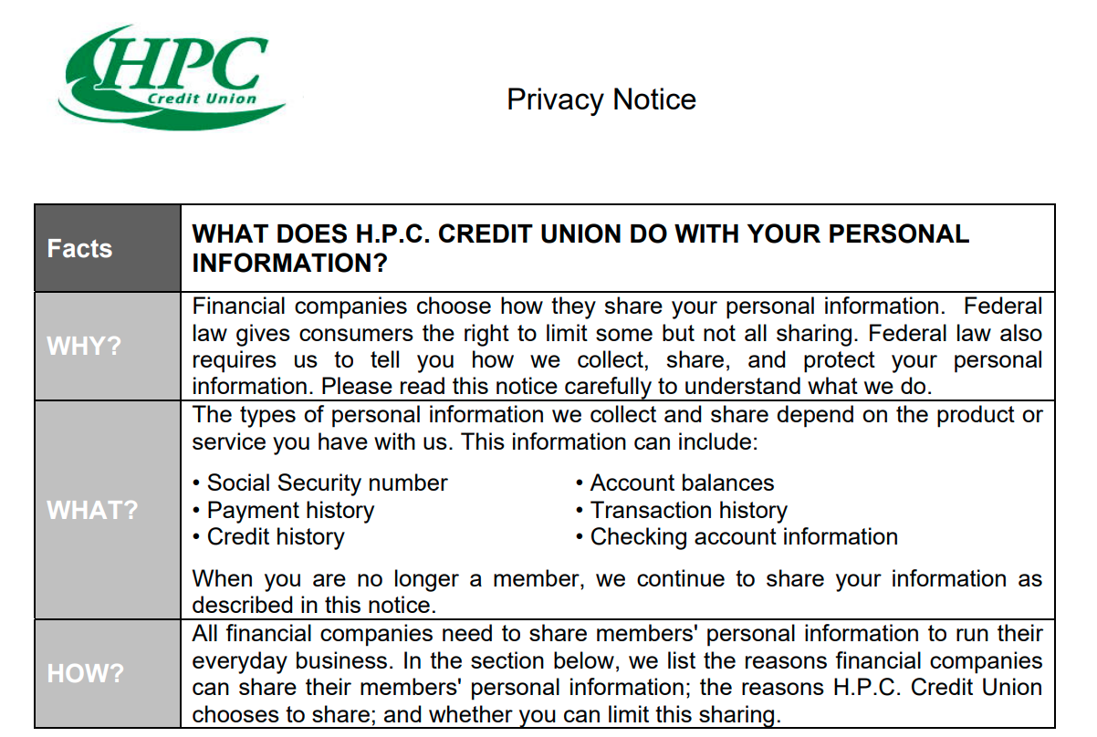 Privacy notice hpc credit union